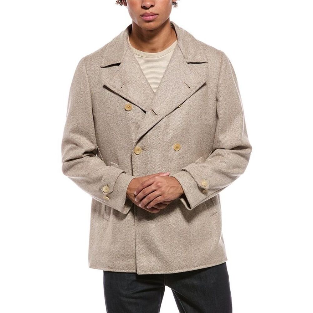 Isaia Mens Cashmere Peacoat, Beige